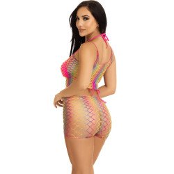 LEG AVENUE - CONJUNTO DE TOP Y PANTALÓN DE RED MULTICOLOR