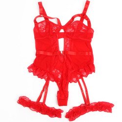 SUBBLIME - TEDDY CON LIGUERO, DETALLE DE ENCAJE Y RAYAS ROJO S/M