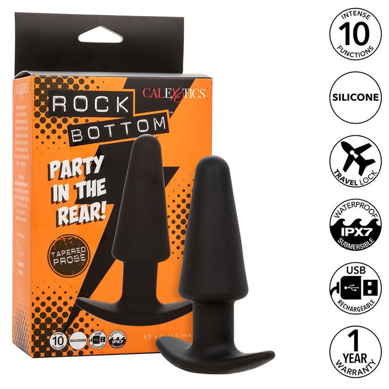 CALEXOTICS - TAPÓN ANAL CÓNICO ROCK BOTTOM 10 VIBRACIONES SILICONA NEGRA