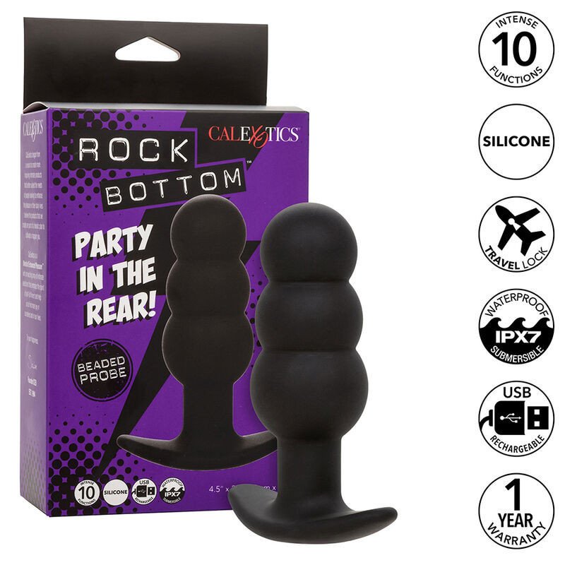 CALEXOTICS - TAPÓN ANAL CON CUENTAS ROCK BOTTOM 10 VIBRACIONES SILICONA NEGRA
