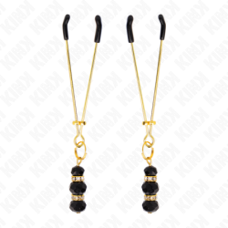 KINK - PINZAS PARA PEZONES FINAS DORADAS CON 3 CUENTAS DE CRISTAL NEGRAS DE 7 CM
