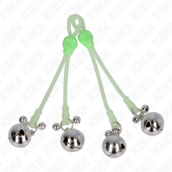 KINK - PINZAS PARA PEZONES CON FORMA DE CALAVERA LUMINOSA CON ANILLOS Y CAMPANILLAS, AJUSTABLES, VERDE/PLATEADO