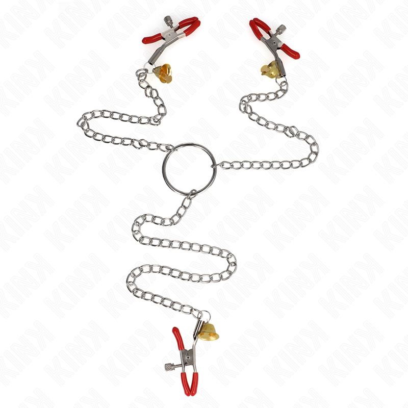 KINK - PINZAS TRIPLE PARA PEZONES Y CLÍTORIS BELL ROJAS CON CADENA DE 30 CM