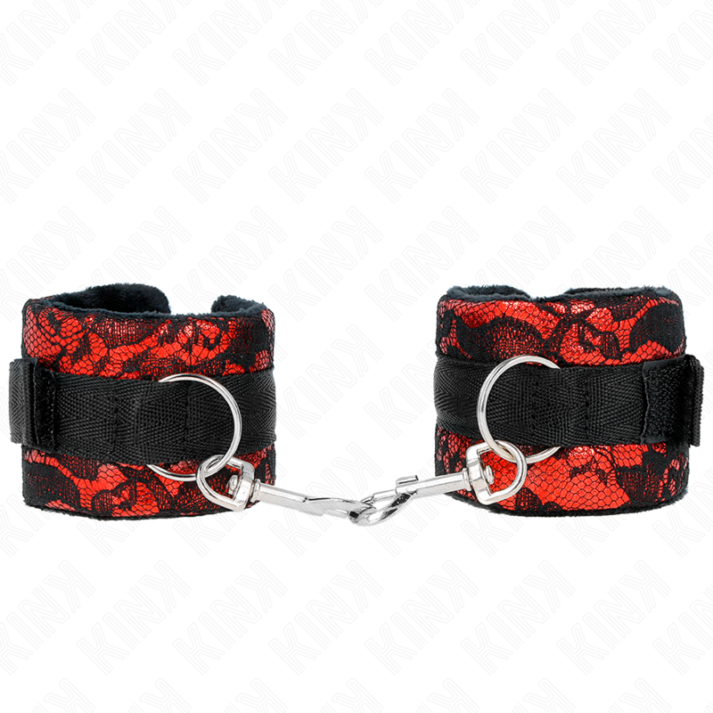 KINK - SUJECIONES CORTAS DE TERCIOPELO Y ENCAJE PARA MUÑECAS Y ATADURAS DE NYLON ROJO/NEGRO 23 X 6,5 CM