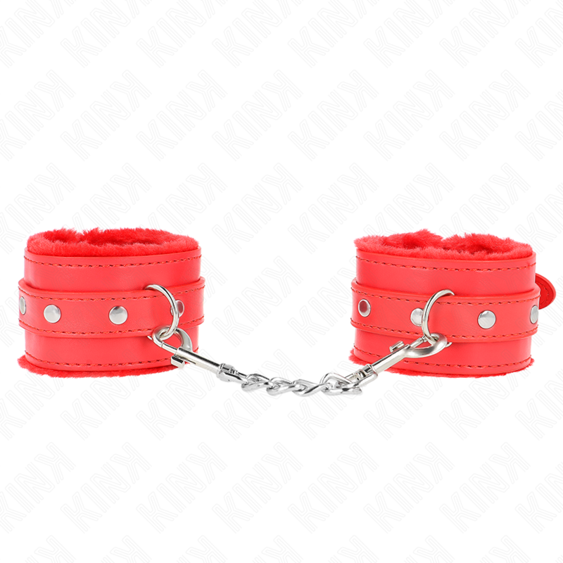 KINK - SUJETADORES DE MUÑECA PREMIUM FORRADOS DE PIEL ROJOS CON CINTURÓN ROJO AJUSTABLE DE 17-29 CM X 6 CM