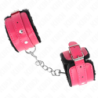 KINK - SUJECIONES DE MUÑECA FORRADAS CON PIEL PREMIUM NEGRAS CON CINTURÓN ROSA FRAMBUESA AJUSTABLE 17-29 CM X 6 CM