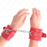 KINK - SUJETADORES DE MUÑECA FORRADOS DE PIEL CON AGUJEROS CUADRADOS ROJOS Y CINTURÓN ROJO AJUSTABLE 17-29 CM X 6 CM