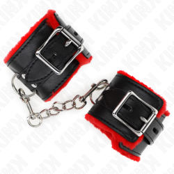 KINK - SUJECIONES DE MUÑECA FORRADAS DE PIEL CON AGUJEROS CUADRADOS, CINTURÓN ROJO Y NEGRO AJUSTABLE DE 17 A 29 CM X 6 CM