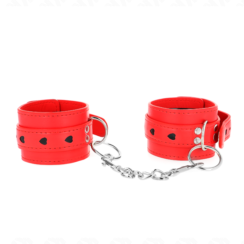 KINK - SUJECIONES DE MUÑECA ROJAS CON INCRUSTACIÓN DE CORAZÓN NEGRO, AJUSTABLES DE 21 A 28 CM X 5,5 CM