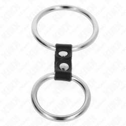 KINK - ANILLO DOBLE DE METAL PARA PENE DE 3,7 CM A 5 CM CONECTADO POR CORREA DE CUERO MODELO 2