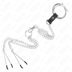 KINK - ANILLO PARA PENE DE METAL CROMADO TRIPLE DE 3,8 CM A 5 CM CON CADENA DE METAL DE 26 CM Y PINZAS PARA PEZONES MODELO 2