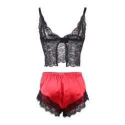 SUBBLIME - 953959 CAMISO DE SEDA CASUAL + PANTALONES DE ENCAJE NEGRO/ROJO TALLA S/M