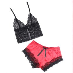 SUBBLIME - 953966 Camisón informal de seda + pantalones de encaje negro/rojo L/XL