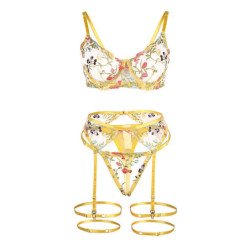 SUBBLIME - 954345 SUJETADOR + TANGA + LIGUERO DISEÑO FLORAL AMARILLO S/M