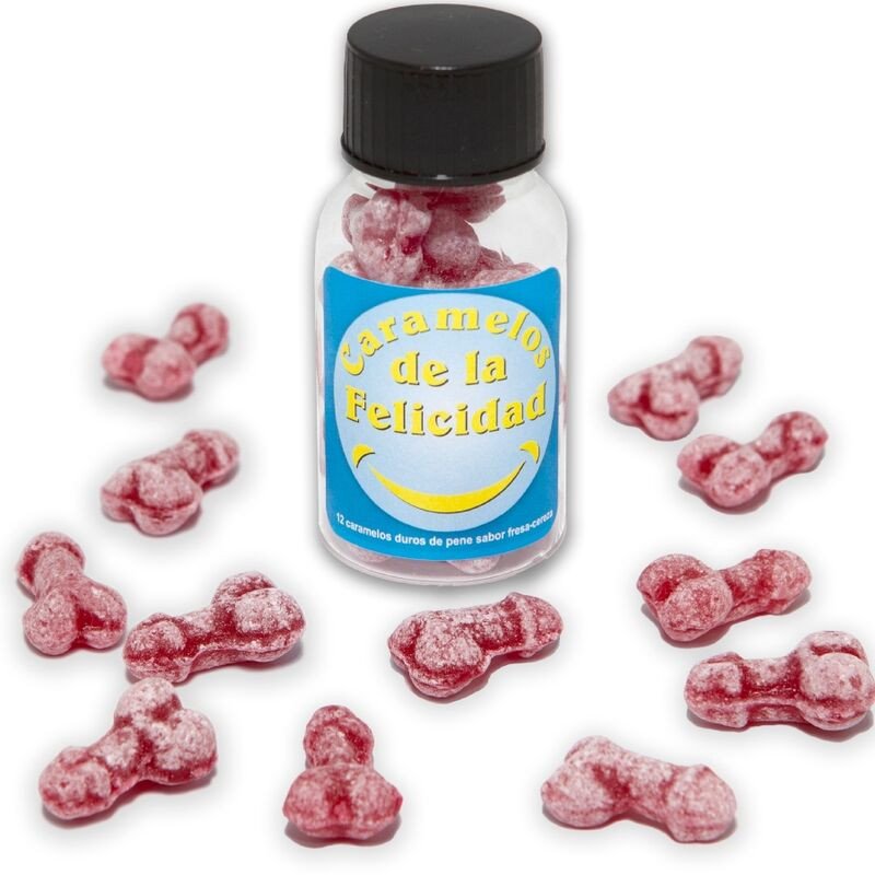 DIABLO PICANTE - FRASCO DE 12 CARAMELOS CON FORMA DE PENE, SABOR A FRESA Y CEREZA