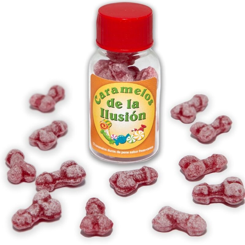 DIABLO PICANTE - 12 CARAMELOS CON FORMA DE PENE QUE ILUSIONAN EL SABOR A FRESA/CEREZA
