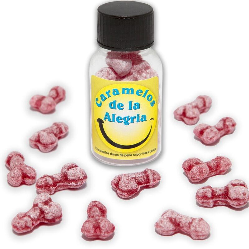DIABLO PICANTE - 12 CARAMELOS DE LA ALEGRÍA CON FORMA DE PENE, FRESA/CEREZA
