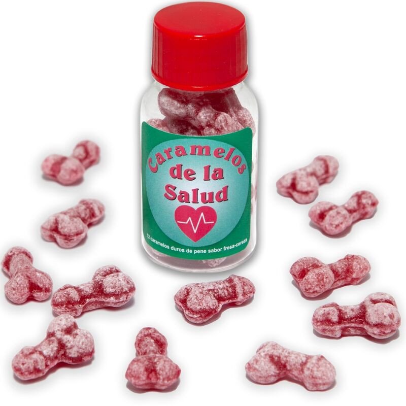DIABLO PICANTE - 12 CARAMELOS SALUDABLES CON FORMA DE PENE, SABOR FRESA/CEREZA