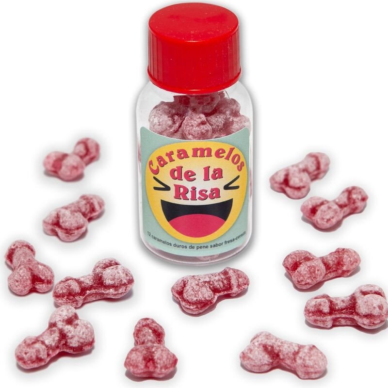 DIABLO PICANTE - 12 CARAMELOS DE LA RISA CON FORMA DE PENE, FRESA/CEREZA
