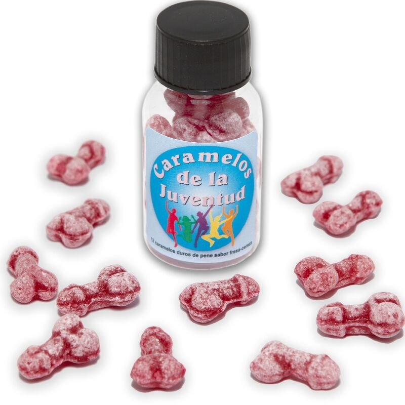 DIABLO PICANTE - 12 CARAMELOS JUVENILES CON FORMA DE PENE, SABOR FRESA/CEREZA