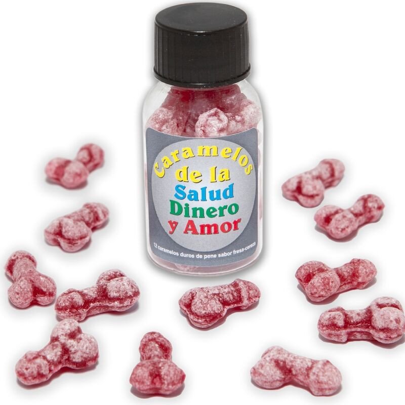 DIABLO PICANTE - 12 CARAMELOS SALUD-DINERO-AMOR CON FORMA DE PENE, SABOR FRESA/CEREZA