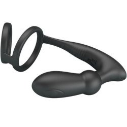 PRETTY LOVE - ANILLO PARA PENE EMONI + TAPÓN ANAL 12 VIBRACIONES NEGRO