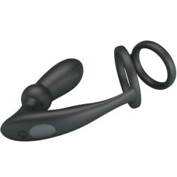 PRETTY LOVE - ANILLO PARA PENE EMONI + TAPÓN ANAL 12 VIBRACIONES NEGRO