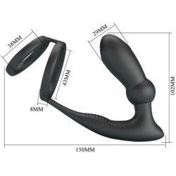 PRETTY LOVE - ANILLO PARA PENE EMONI + TAPÓN ANAL 12 VIBRACIONES NEGRO