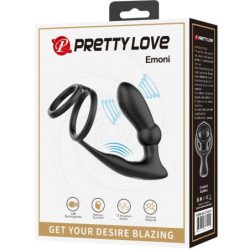 PRETTY LOVE - ANILLO PARA PENE EMONI + TAPÓN ANAL 12 VIBRACIONES NEGRO