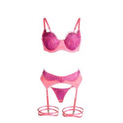 SUBBLIME - 955366 CONJUNTO DE SUJETADOR CON ENCAJE Y LIGUEROS ROSA Y MORADO L/XL