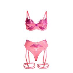 SUBBLIME - 955366 CONJUNTO DE SUJETADOR CON ENCAJE Y LIGUEROS ROSA Y MORADO L/XL