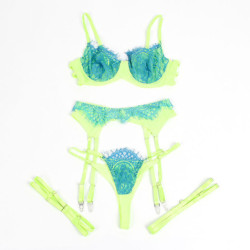 SUBBLIME - 955328 CONJUNTO DE SUJETADOR CON ENCAJE Y LIGUEROS VERDE Y AZUL L/XL