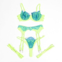 SUBBLIME - 955328 CONJUNTO DE SUJETADOR CON ENCAJE Y LIGUEROS VERDE Y AZUL L/XL