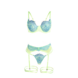 SUBBLIME - 955328 CONJUNTO DE SUJETADOR CON ENCAJE Y LIGUEROS VERDE Y AZUL L/XL