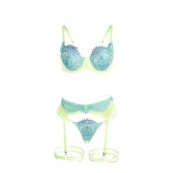 SUBBLIME - 955328 CONJUNTO DE SUJETADOR CON ENCAJE Y LIGUEROS VERDE Y AZUL L/XL