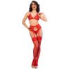 CHILIROSE - CR 4848 SET SUJETADOR + TANGA + MEDIAS DE ENCAJE ROJO L