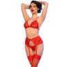 CHILIROSE - CR 4848 SET SUJETADOR + TANGA + MEDIAS DE ENCAJE ROJO L