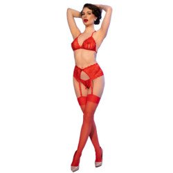 CHILIROSE - CR 4848 SET SUJETADOR + TANGA + MEDIAS DE ENCAJE ROJO L