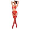 CHILIROSE - CR 4848 SET SUJETADOR + TANGA + MEDIAS DE ENCAJE ROJO L