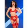CHILIROSE - CR 4848 SET SUJETADOR + TANGA + MEDIAS DE ENCAJE ROJO L