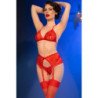CHILIROSE - CR 4848 SET SUJETADOR + TANGA + MEDIAS DE ENCAJE ROJO L
