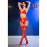 CHILIROSE - CR 4848 SET SUJETADOR + TANGA + MEDIAS DE ENCAJE ROJO L