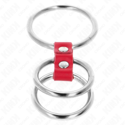 KINK - ANILLO PARA PENE TRIPLE DE METAL DE 3,7 CM A 5 CM CONECTADO CON CUERO ROJO
