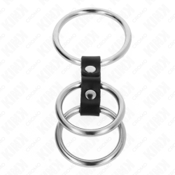 KINK - ANILLO PARA PENE TRIPLE DE METAL DE 3,7 CM A 5 CM CONECTADO CON CUERO