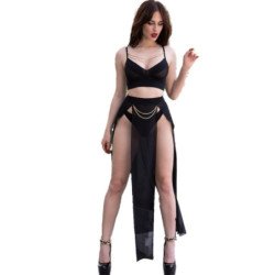CHILIROSE - CR 4672 TOP, FALDA Y TANGA NEGROS CON CADENAS DORADAS XL