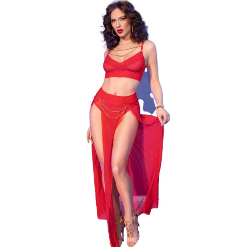 CHILIROSE - CR 4850 CONJUNTO DE TOP Y LEGGINGS ROJOS CON ACCESORIOS DORADOS XL