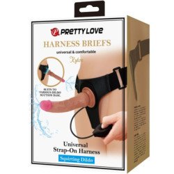 AMOR PRECIOSO - BRAGUITAS CON ARNÉS UNIVERSAL KYTON CON DILDO EYACULADOR DE 19 CM MULATO