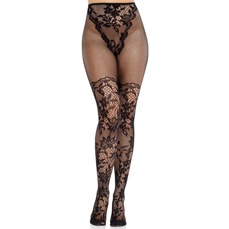 LEG AVENUE - MEDIAS DE ENCAJE DAHLIA CON DETALLE DE RED NEGRAS