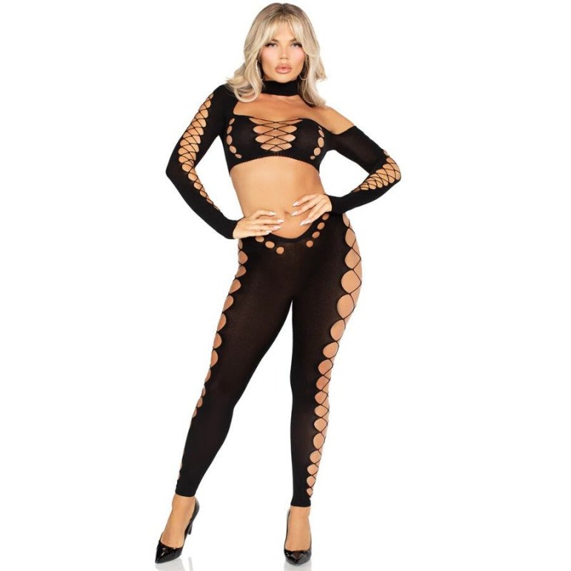 LEG AVENUE - TOP CORTO Y LEGGINGS NEGROS SIN COSTURAS CON RECORTES