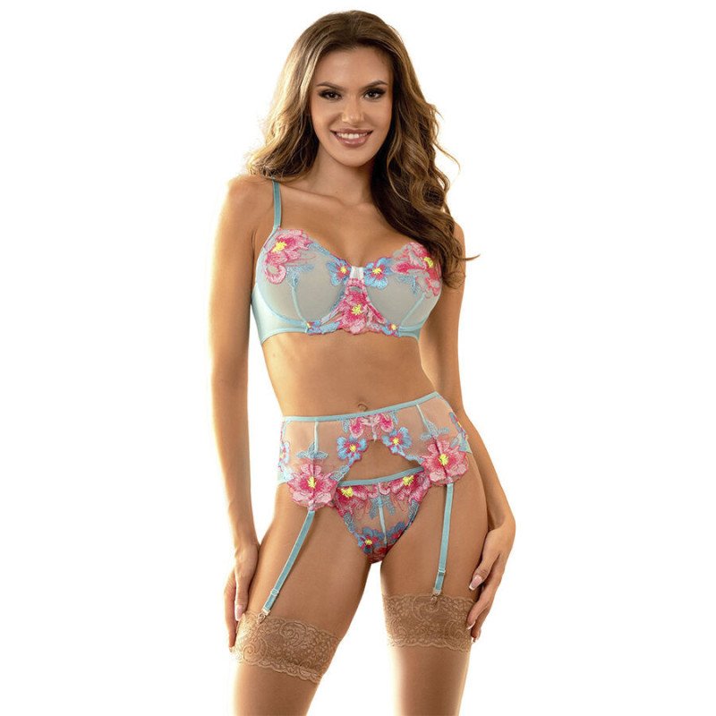 SUBBLIME - 957650 CONJUNTO DE SUJETADOR Y LIGUERO BORDADOS CON FLORES ROSA TALLA L/XL